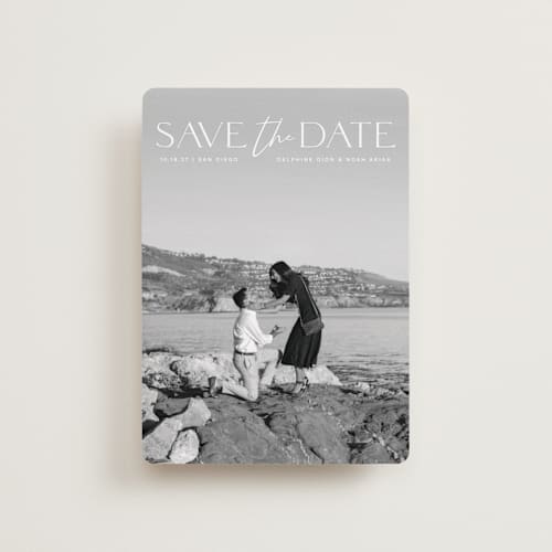 This is a moonstone petite save the dates with standard by Olivia Raufman called breathtaking printing on recycled smooth signature in petite