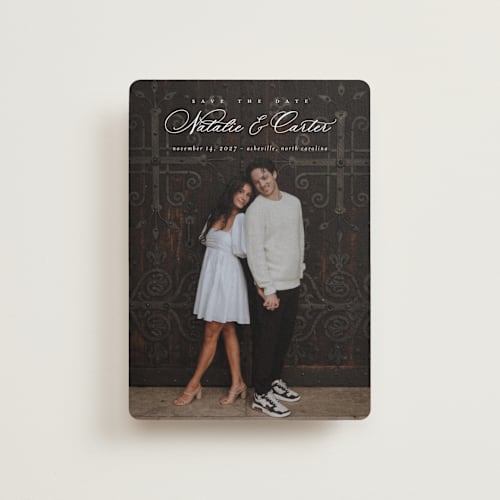 This is a sugar petite save the dates with standard by Jessica Williams called tranquil printing on recycled smooth signature in petite
