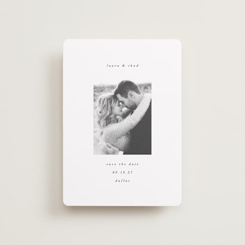 This is a snow petite save the dates with standard by AK Graphics called understated elegance printing on recycled smooth signature in petite