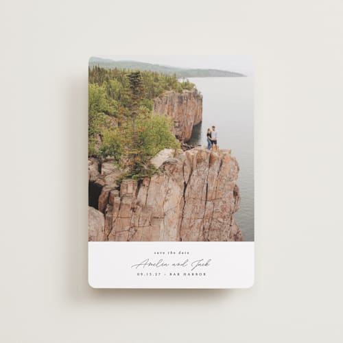 This is a snow petite save the dates with standard by Kaydi Bishop called composition printing on recycled smooth signature in petite