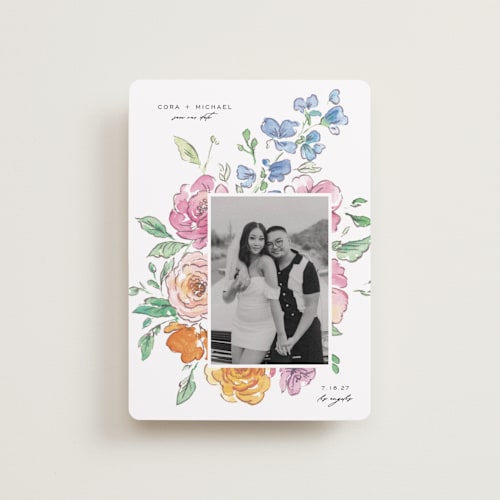 This is a vibrance press petite save the dates with standard by Itsy Belle Studio called floral pop printing on recycled smooth signature in petite