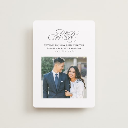 This is a newspaper petite save the dates with standard by Lea Delaveris called elegant initials printing on recycled smooth signature in petite