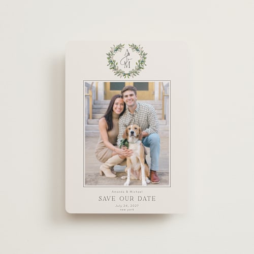 This is a ecru petite save the dates with standard by Susan Moyal called classic monogram printing on recycled smooth signature in petite