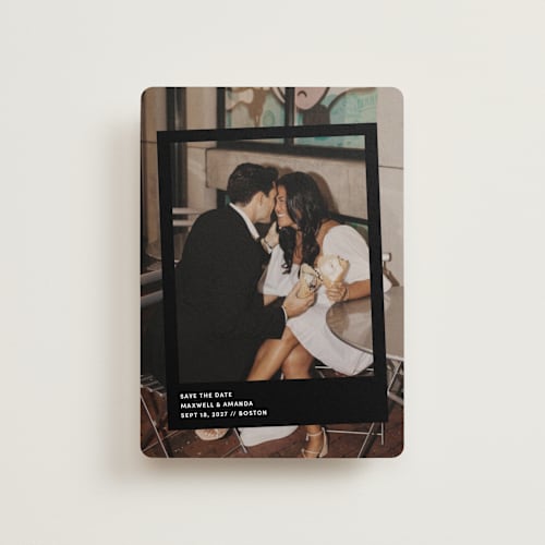 This is a midnight petite save the dates with standard by Inkblot Design called album printing on recycled smooth signature in petite