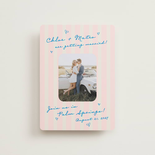 This is a pink grapefruit petite save the dates with standard by Jackie Crawford called the right stripes printing on recycled smooth signature in petite