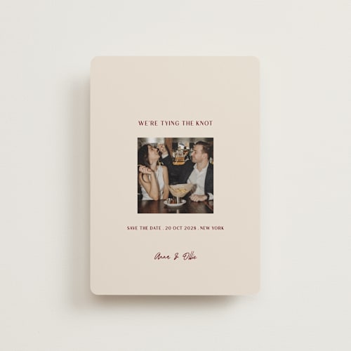 This is a burgundy petite save the dates with standard by Ani Somi called center cut printing on recycled smooth signature in petite