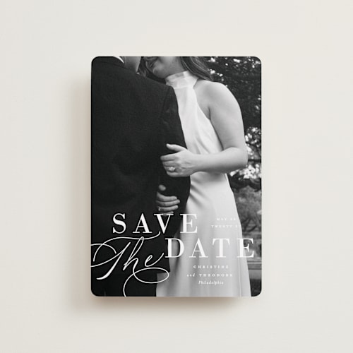 This is a cloud petite save the dates with standard by Ashley Rosenbaum called composition printing on recycled smooth signature in petite