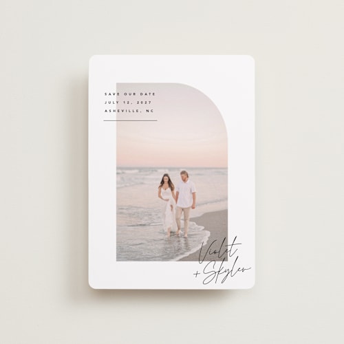 This is a silk petite save the dates with standard by Kelly Schmidt called small corner printing on recycled smooth signature in petite