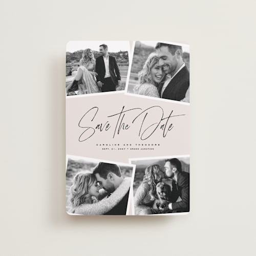This is a vanilla petite save the dates with standard by Lea Delaveris called our collage printing on recycled smooth signature in petite