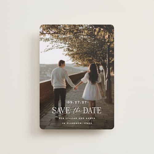 This is a powder petite save the dates with standard by Carolyn MacLaren called together forever printing on recycled smooth signature in petite