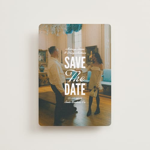 This is a lily petite save the dates with standard by Owl and Toad called full page printing on recycled smooth signature in petite