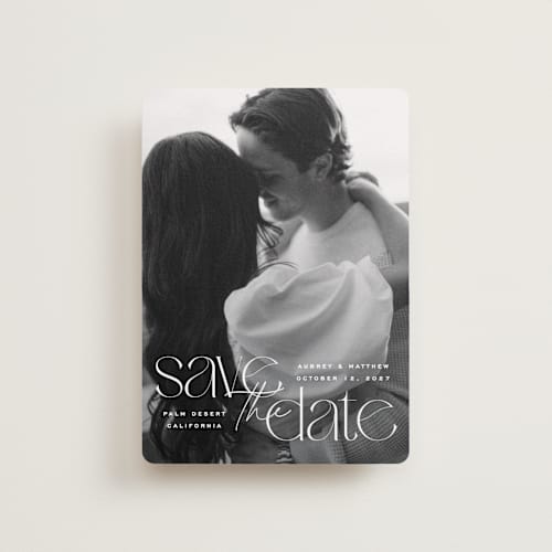 This is a moonstone petite save the dates with standard by Owl and Toad called type layers printing on recycled smooth signature in petite