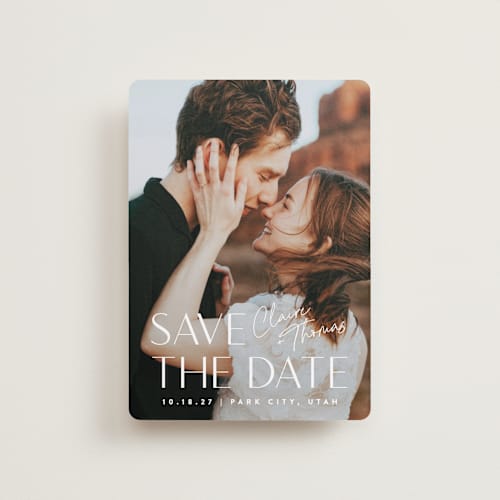This is a cloud petite save the dates with standard by Carolyn MacLaren called cover printing on recycled smooth signature in petite