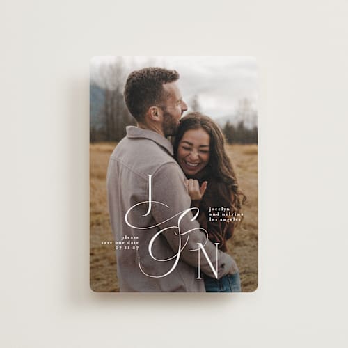This is a ivory petite save the dates with standard by Phrosné Barwood called beautiful monogram printing on recycled smooth signature in petite