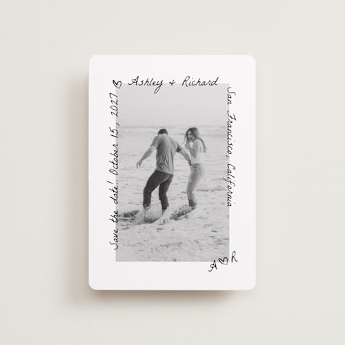 This is a graphite petite save the dates with standard by Claudia Orengo called showered printing on recycled smooth signature in petite