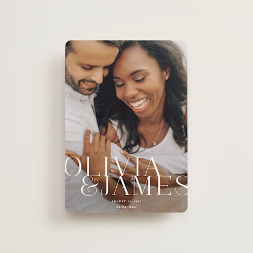 This is a pearl petite save the dates with standard by Lauren Chism called this couple printing on recycled smooth signature in petite