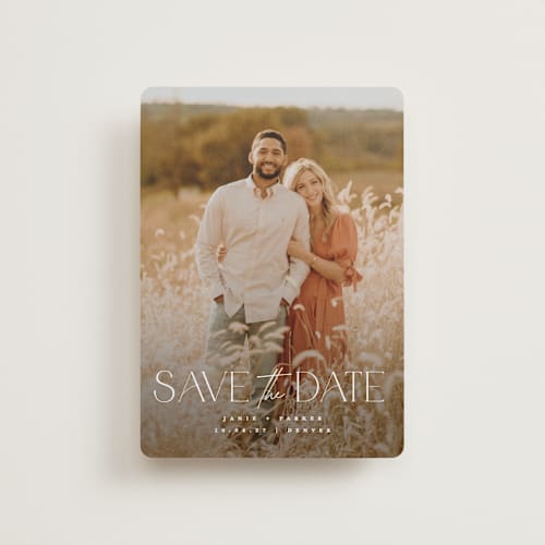 This is a pearl petite save the dates with standard by Jessica Corliss called simple elegance printing on recycled smooth signature in petite