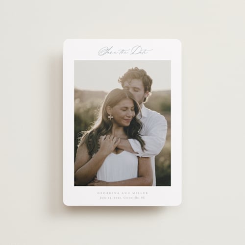 This is a dusty blue petite save the dates with standard by Stacey Meacham called modern air printing on recycled smooth signature in petite