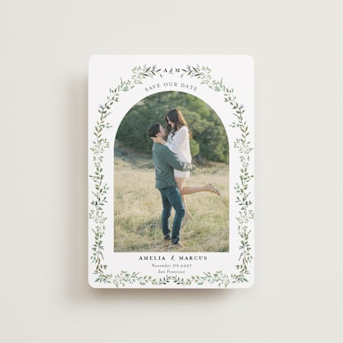 This is a mojito petite save the dates with standard by Susan Moyal called monogramed arch printing on recycled smooth signature in petite