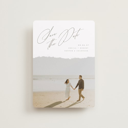 This is a moonstone petite save the dates with standard by Helen Halik called weightless printing on recycled smooth signature in petite