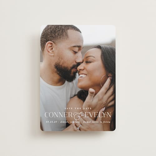 This is a pearl petite save the dates with standard by Brooke Chandler called simple name printing on recycled smooth signature in petite