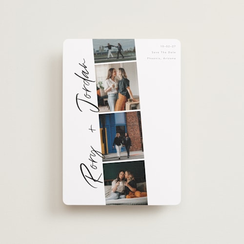This is a vanilla petite save the dates with standard by Chryssi Tsoupanarias called photobooth love printing on recycled smooth signature in petite