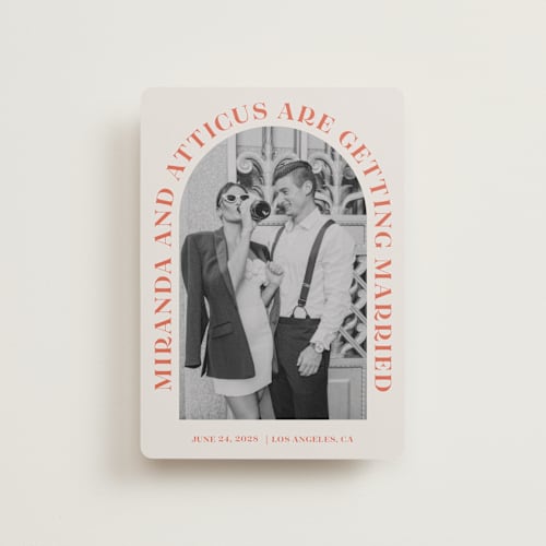 This is a persimmon petite save the dates with standard by Sarah Cohn called surrounding printing on recycled smooth signature in petite