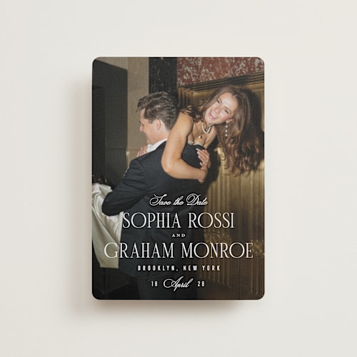 This is a quartz petite save the dates with standard by Kristie Kern called the cinema printing on recycled smooth signature in petite