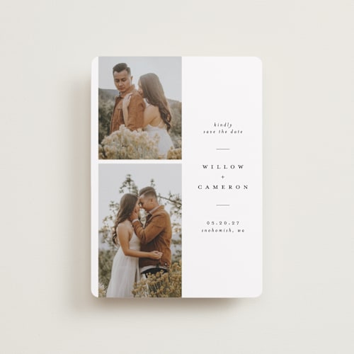 This is a snow petite save the dates with standard by Joanna Griffin called classic printing on recycled smooth signature in petite