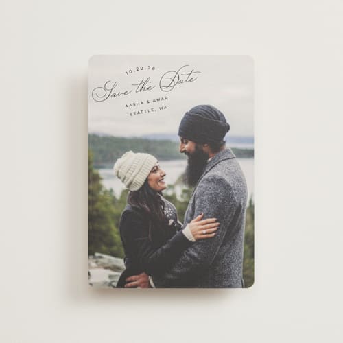 This is a smoke petite save the dates with standard by Morgan Kendall called stamp printing on recycled smooth signature in petite