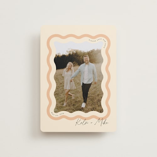This is a seashell petite save the dates with standard by Robert and Stella called wavy printing on recycled smooth signature in petite