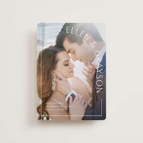 This is a snow petite save the dates with standard by Lauren Chism called take shape printing on recycled smooth signature in petite