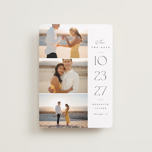 This is a cotton petite save the dates with standard by Carolyn Nicks called elegant trio printing on recycled smooth signature in petite
