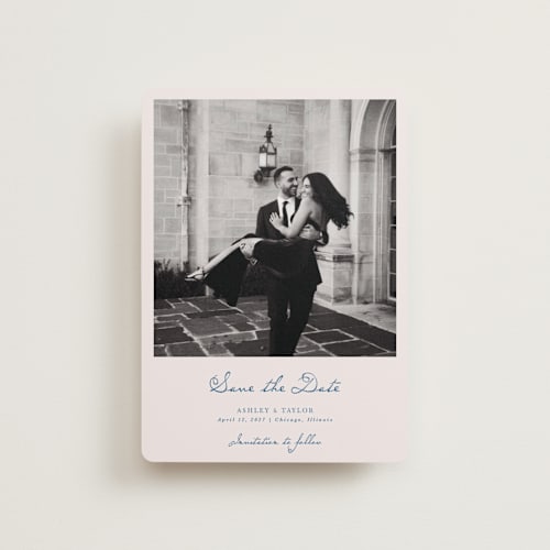 This is a royal petite save the dates with standard by Cass Loh called swan crest printing on recycled smooth signature in petite