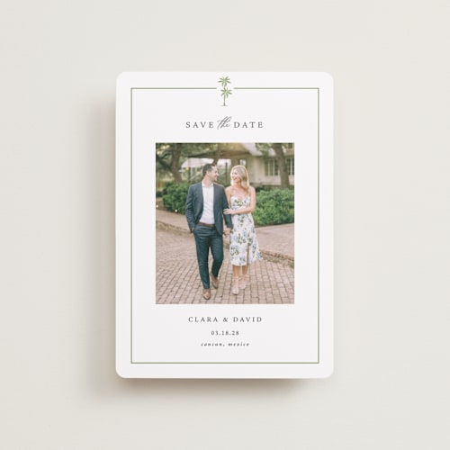This is a leaf petite save the dates with standard by Olivia Raufman called palm monogram printing on recycled smooth signature in petite