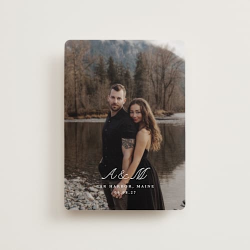 This is a pearl petite save the dates with standard by Up Up Creative called lettra printing on recycled smooth signature in petite