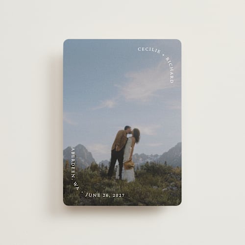 This is a crystal petite save the dates with standard by Leia Matt called soft morning printing on recycled smooth signature in petite