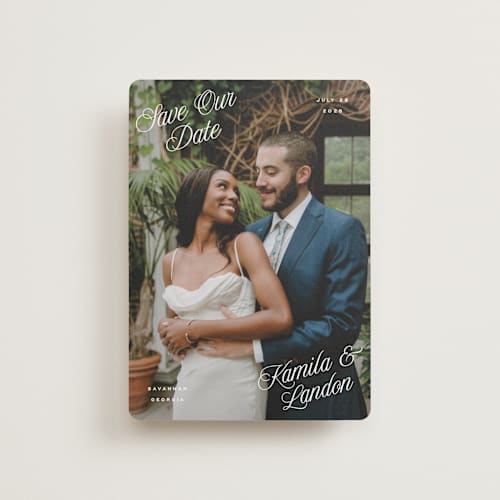 This is a cloud petite save the dates with standard by Hooray Creative called all four corners printing on recycled smooth signature in petite