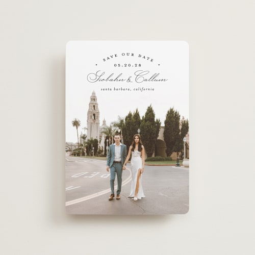 This is a onyx petite save the dates with standard by Erica Krystek called arched type printing on recycled smooth signature in petite