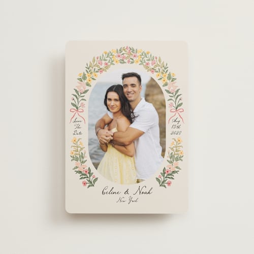 This is a spring petite save the dates with standard by Elly called spring printing on recycled smooth signature in petite