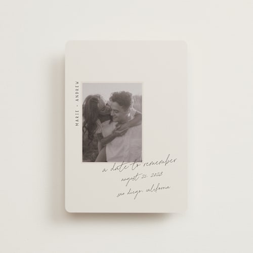 This is a truffle petite save the dates with standard by Vera Lim called offset printing on recycled smooth signature in petite