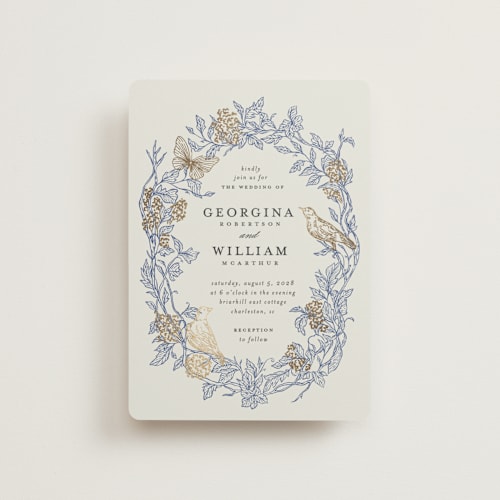 This is a cornflower petite wedding invitations with foil pressed by Grae called meet me in the garden printing on signature in petite