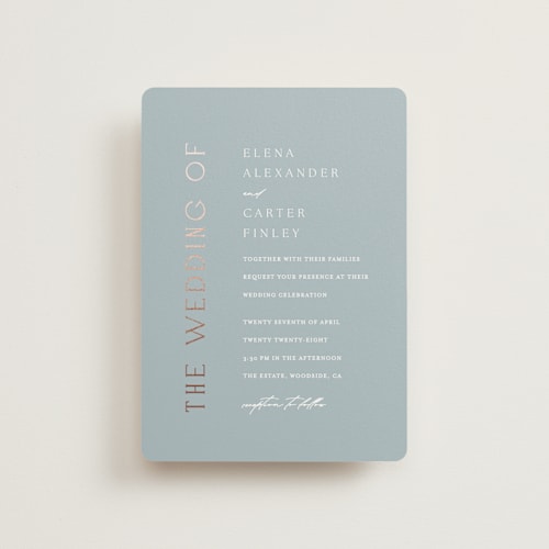 This is a provincial petite wedding invitations with foil pressed by Angela Thompson called gilded edge printing on signature in petite