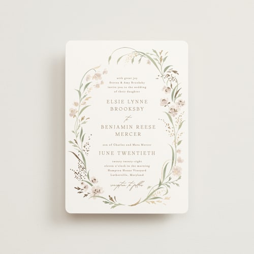 This is a spring mist petite wedding invitations with foil pressed by Erin L. Wilson called meadow printing on signature in petite