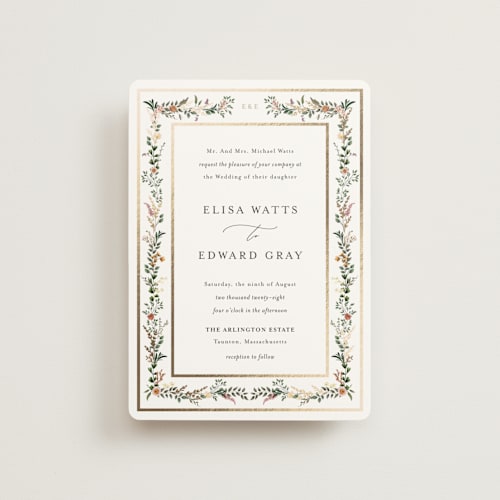 This is a blush petite wedding invitations with foil pressed by Susan Moyal called blooming vine printing on signature in petite