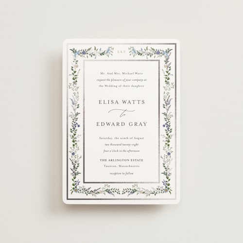 This is a lilac petite wedding invitations with foil pressed by Susan Moyal called blooming vine printing on signature in petite