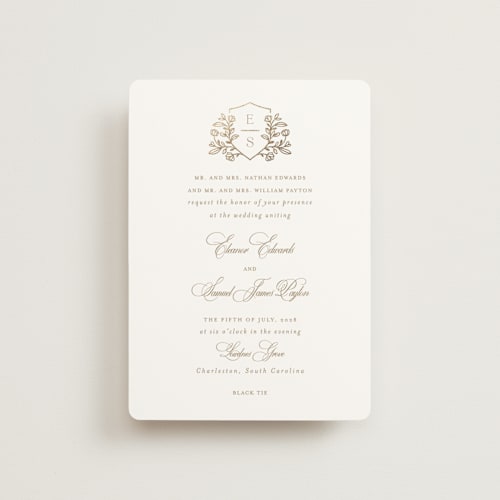 This is a ivory petite wedding invitations with foil pressed by Mansi Verma called gold crest printing on signature in petite