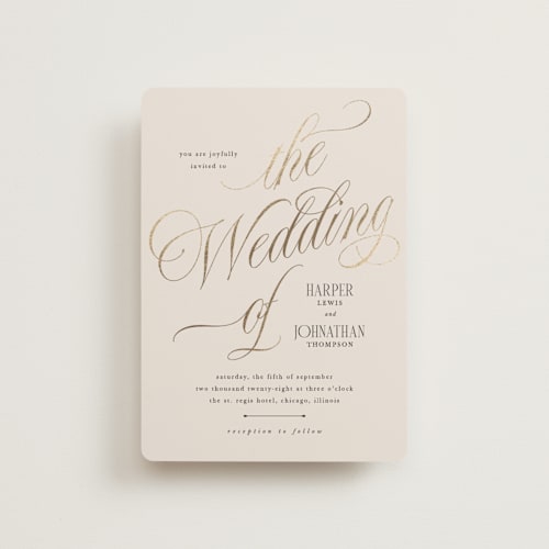 This is a linen petite wedding invitations with foil pressed by Kate Ahn called mirin printing on signature in petite