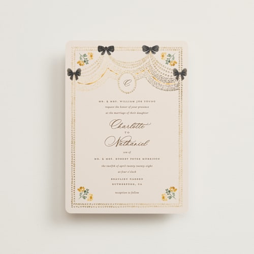 This is a golden petite wedding invitations with foil pressed by Claudia Orengo called tuileries printing on signature in petite