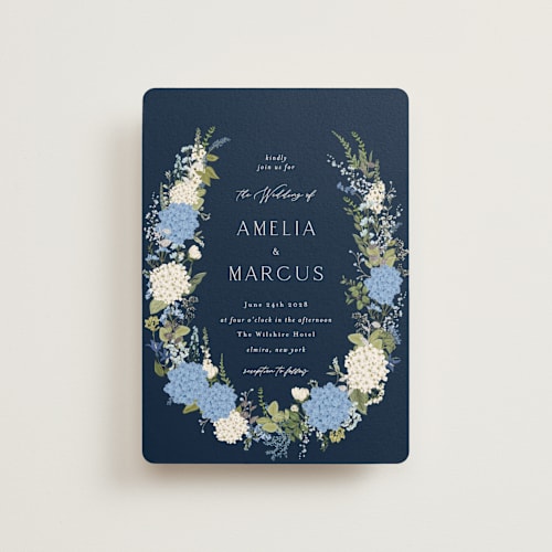 This is a marine petite wedding invitations with foil pressed by Susan Moyal called garden whisper printing on signature in petite